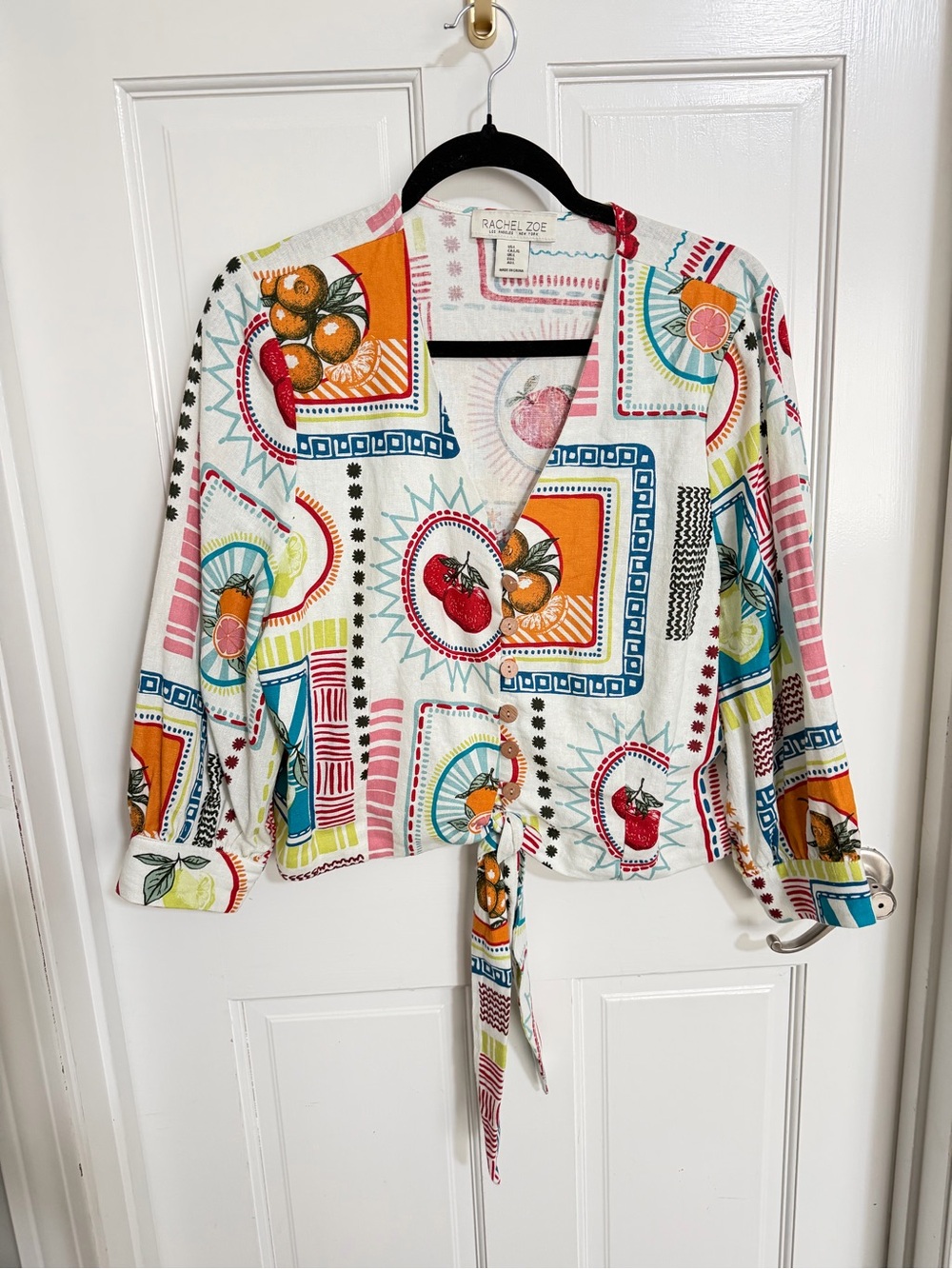 NWOT Rachael Zoe Linen Tie Front Mediterranean Fruit Print Button Down Shirt L - Picture 2 of 4